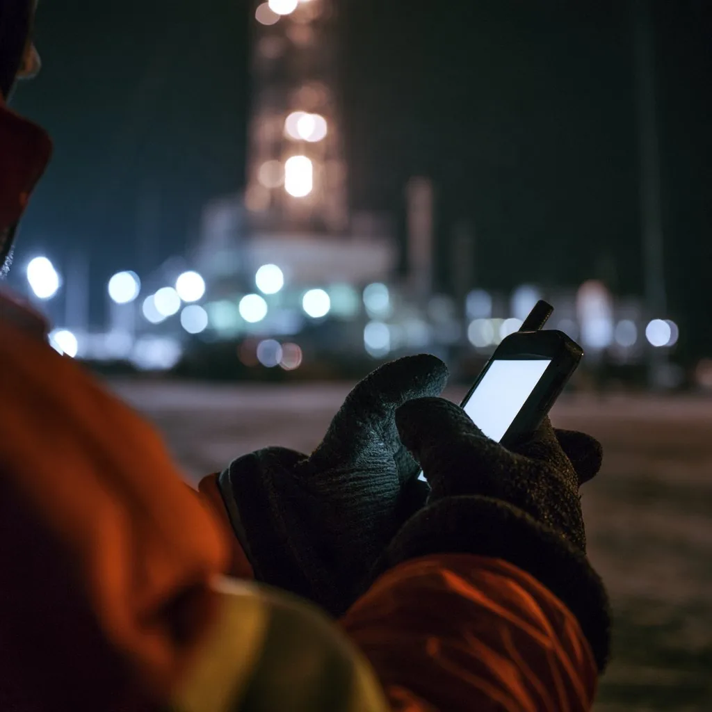 A field worker checking a handheld device at an industrial site at night